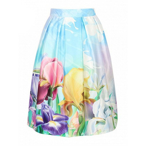 Online discount shop Australia - Floral Print Vintage Pleated Skater Midi Skirt Fashion High Waist Ball Gown Women Skirt Elegant Saia