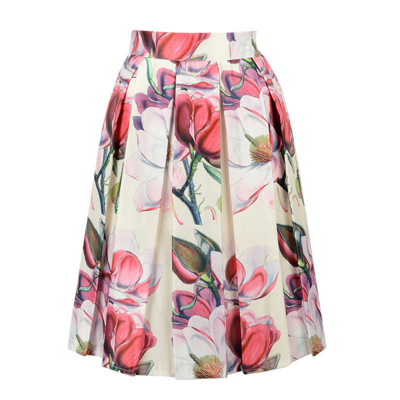 Online discount shop Australia - Floral Print Vintage Pleated Skater Midi Skirt Fashion High Waist Ball Gown Women Skirt Elegant Saia