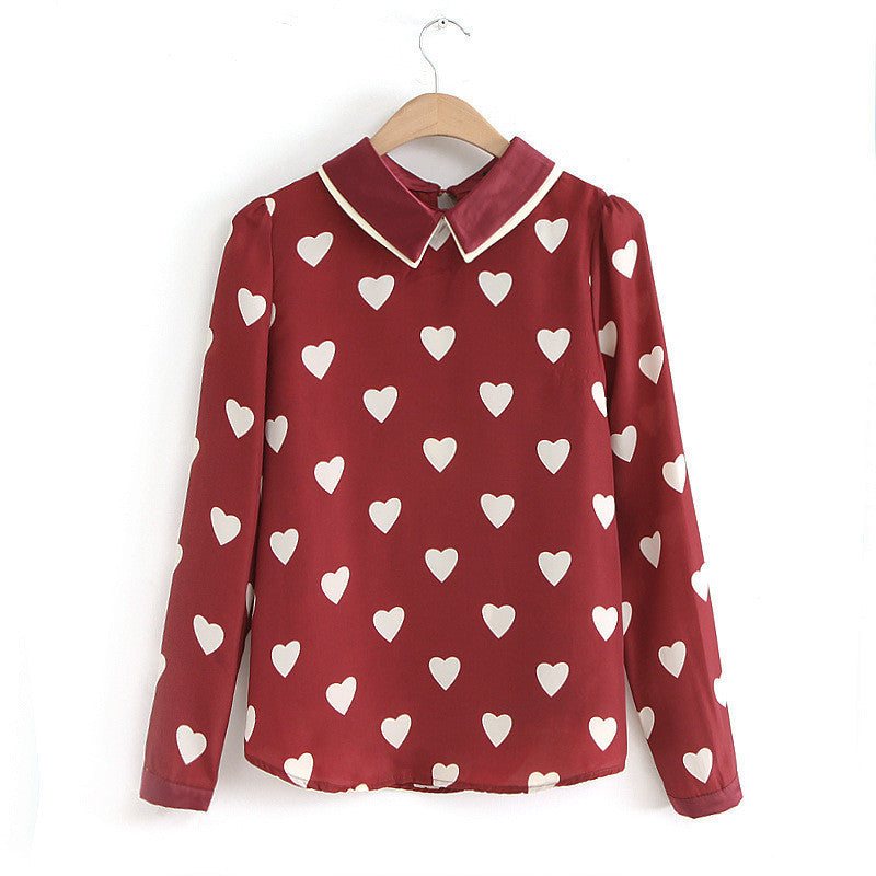 Fashion Womens Red Heart Shirts Print Casual Long Sleeve Blouses For Ladies Tops