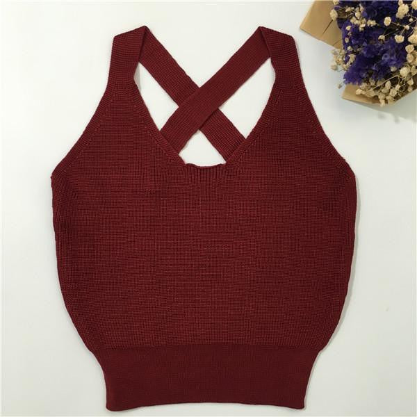 Women Fitness Crop Top Short Knitted Cami Round Neck Cross Back Women Crop Tops Short Bustier Crop Top