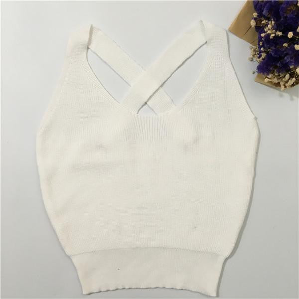 Women Fitness Crop Top Short Knitted Cami Round Neck Cross Back Women Crop Tops Short Bustier Crop Top