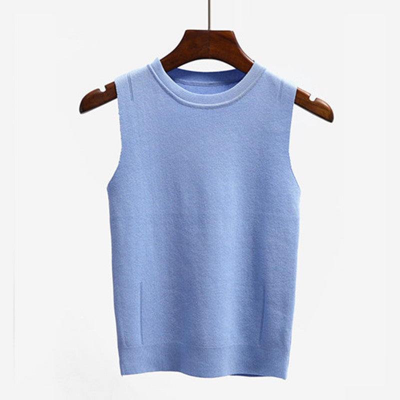 Ocean-q 9 Color Solid High Knitted Elastic Base Sleeveless Vest Ladies Halter Crochet Tank Top Women