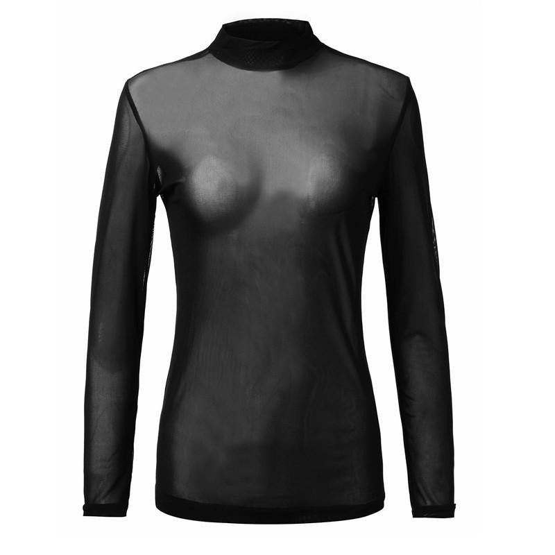 Women See Through Transparent Mesh Stand Neck Long Sleeve Sheer Blouse Shirts Ladies Tee Tops
