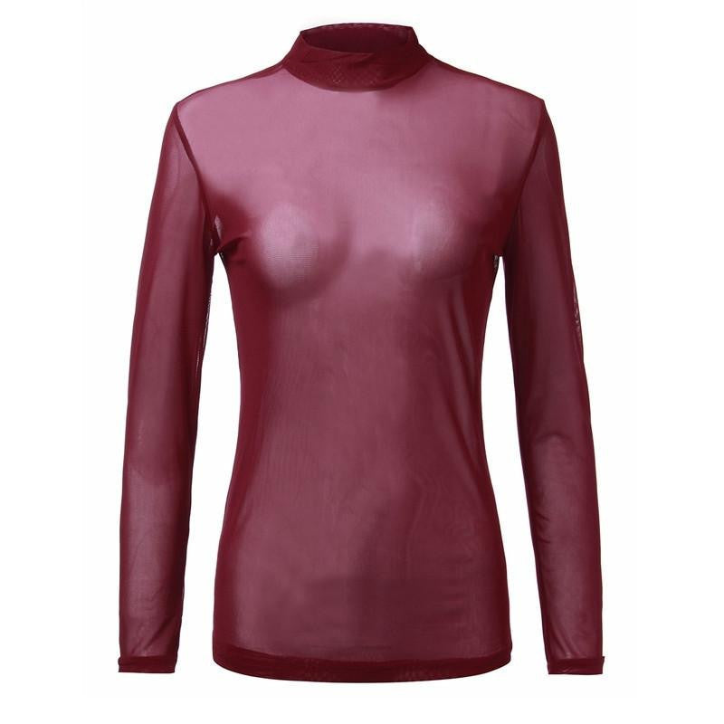 Women See Through Transparent Mesh Stand Neck Long Sleeve Sheer Blouse Shirts Ladies Tee Tops