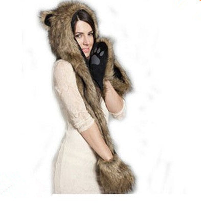 10 Styles Warm Winter Faux Animal Fur Hat Fluffy Plush Cap Dint Hood Scarf Shawl with Gloves Set Leopard Panda Hat Scarf Set - CelebritystyleFashion.com.au online clothing shop australia