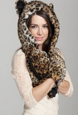 10 Styles Warm Winter Faux Animal Fur Hat Fluffy Plush Cap Dint Hood Scarf Shawl with Gloves Set Leopard Panda Hat Scarf Set - CelebritystyleFashion.com.au online clothing shop australia