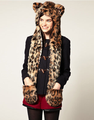10 Styles Warm Winter Faux Animal Fur Hat Fluffy Plush Cap Dint Hood Scarf Shawl with Gloves Set Leopard Panda Hat Scarf Set - CelebritystyleFashion.com.au online clothing shop australia