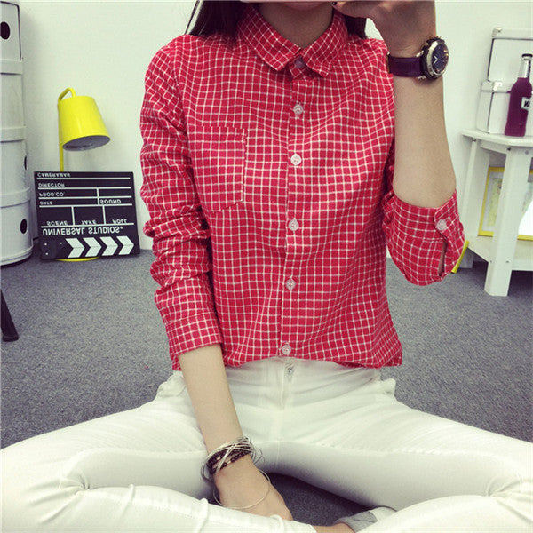 Online discount shop Australia - Ladies Female Casual Cotton Long Sleeve Plaid Shirt Women Slim Outerwear Blouse Tops Size S-XXL