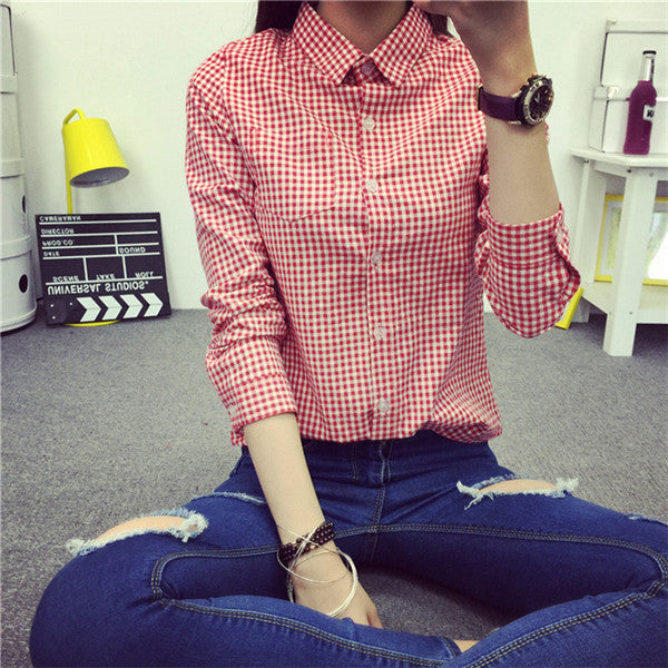 Online discount shop Australia - Ladies Female Casual Cotton Long Sleeve Plaid Shirt Women Slim Outerwear Blouse Tops Size S-XXL
