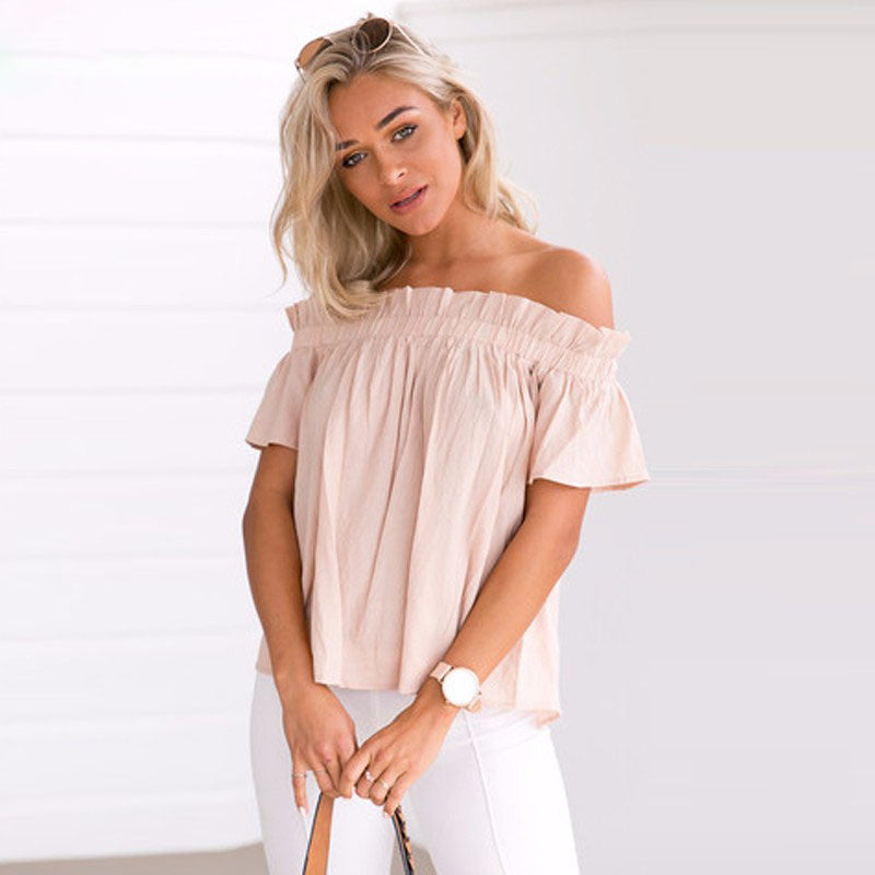 Online discount shop Australia - New Arrival Fashion Ruffles  Tops Women Slash Neck Off Shoulder Short Sleeve Top Casual Loose Female