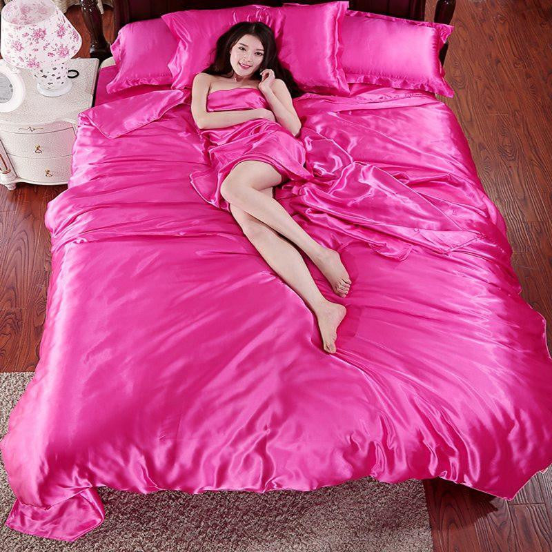 Satin Silk Bedding Set Queen Size Bedsheet Sets Bedclothes Solid Duvet Cover Set Sheet