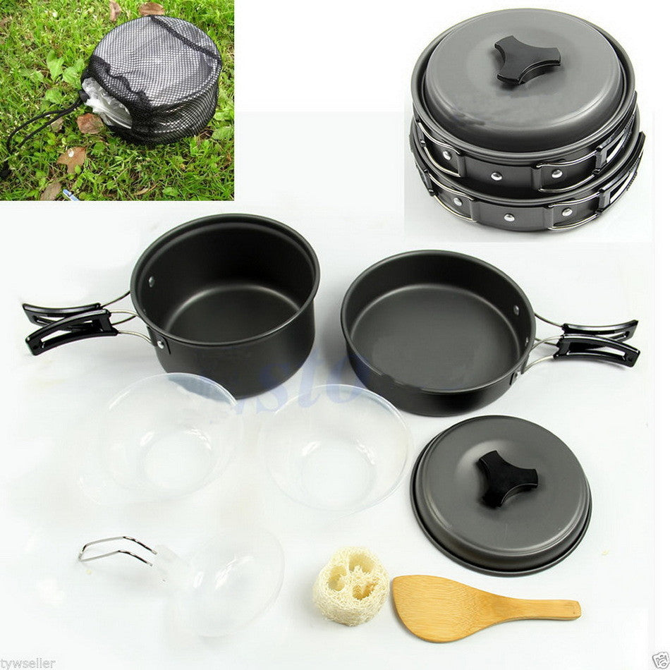 8pcs Outdoor Camping Hiking Cookware Backpacking Cooking Picnic Bowl Pot Pan Set
