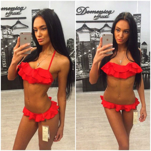 Sexy Women Bikini Set Pleated Ruffle Side Biquini Brasileiro Bandeau Halter Swimsuits Low Waist Swimwear Summer Dress - CelebritystyleFashion.com.au online clothing shop australia
