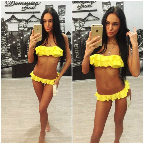 Sexy Women Bikini Set Pleated Ruffle Side Biquini Brasileiro Bandeau Halter Swimsuits Low Waist Swimwear Summer Dress - CelebritystyleFashion.com.au online clothing shop australia