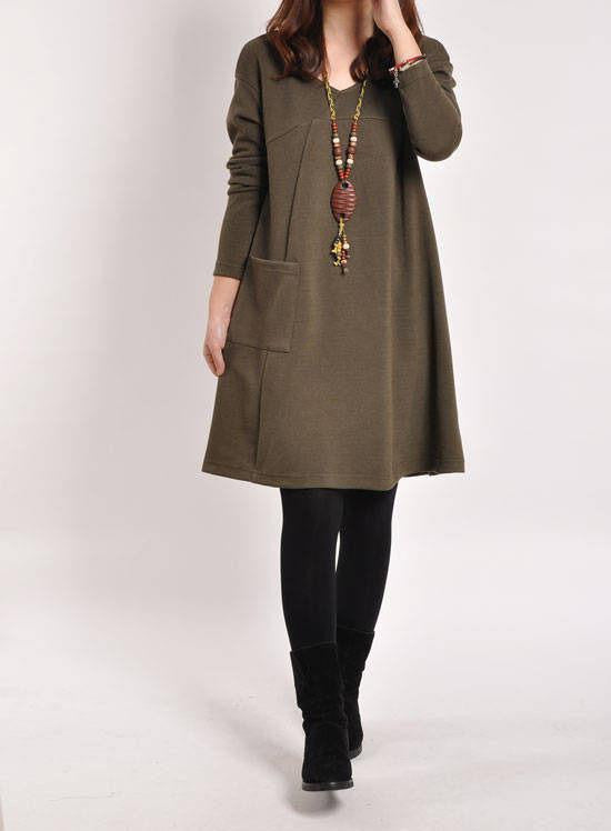 Women's Winter Casual Loose Top Knit Sweater Jumper Tunic Swing Skater Mini Dress Pocket Long Sleeve WY7807