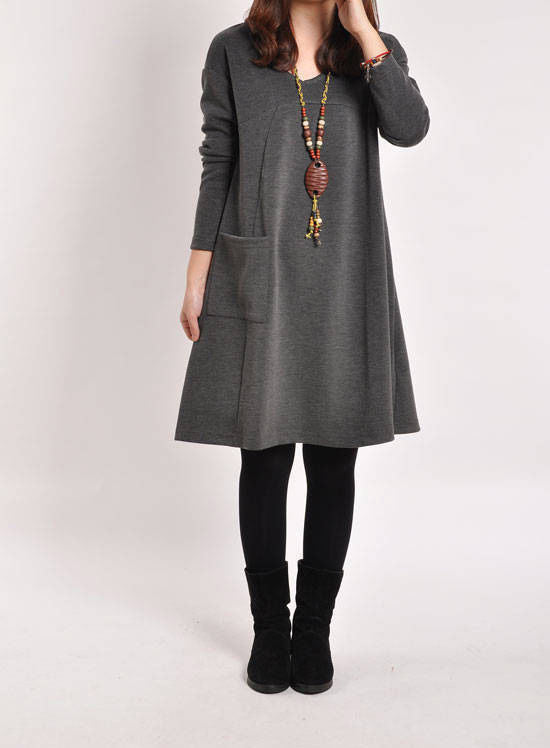 Women's Winter Casual Loose Top Knit Sweater Jumper Tunic Swing Skater Mini Dress Pocket Long Sleeve WY7807