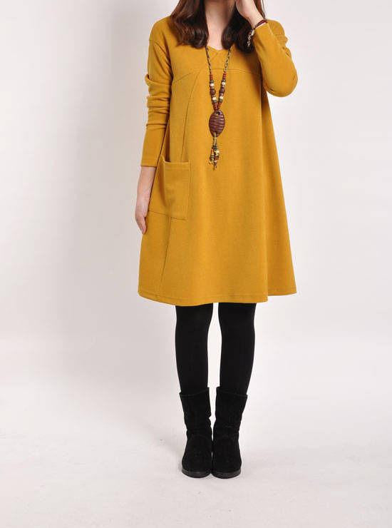 Women's Winter Casual Loose Top Knit Sweater Jumper Tunic Swing Skater Mini Dress Pocket Long Sleeve WY7807