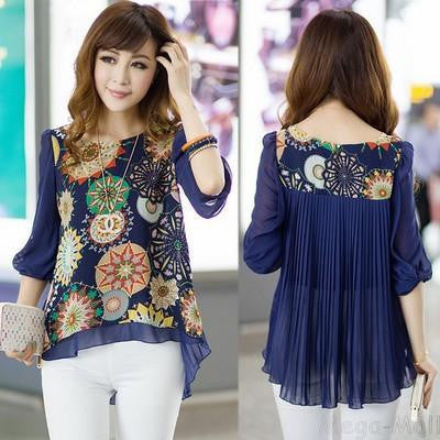 Women Blouses Fashion Casual Female Tops Loose Pleats Retro Printed Chiffon Blouse Plus Size XXL