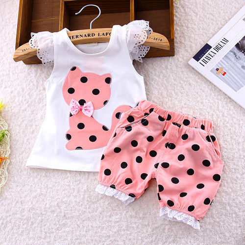 Europe new summer children clothing set baby girls bow cat shirt + shorts suit 2pcs kids polka dot clothes suit 1-4 years - CelebritystyleFashion.com.au online clothing shop australia