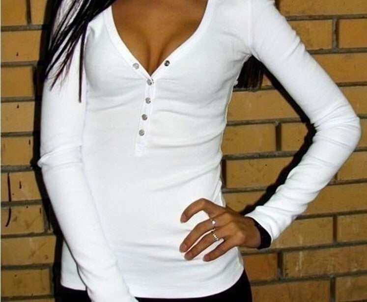 Online discount shop Australia - fashion  white women plus size V neck women t shirt punk Long sleeve cropped sexy top tees women