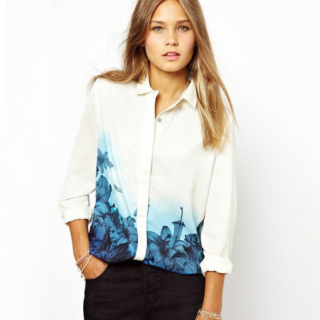 Fashion Women Plus Size Elegant Long Sleeve Shirts Tops Blue Floral Gradient Print Chiffon Casual White Blouses S-XL