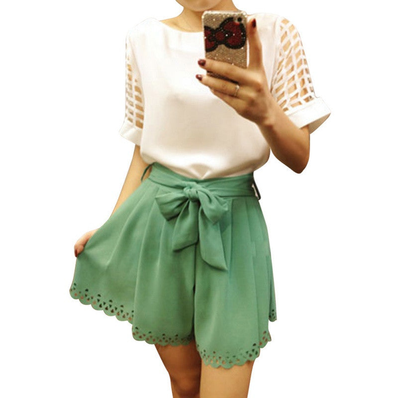 Plus Size Women Chiffon Blouses Shirts O Neck Hollow Out Short Sleeve Solid Casual ladies Tops