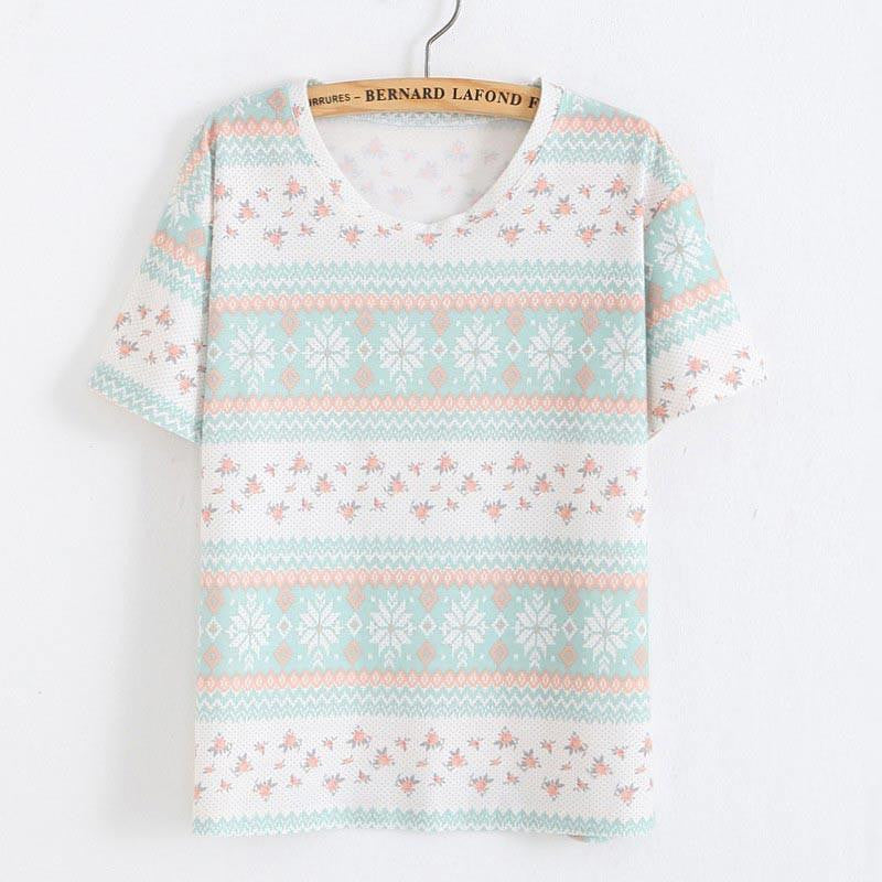 Women T Shirt Loose Women Retro Printed Short-sleeved T-shirt National style tops Tees