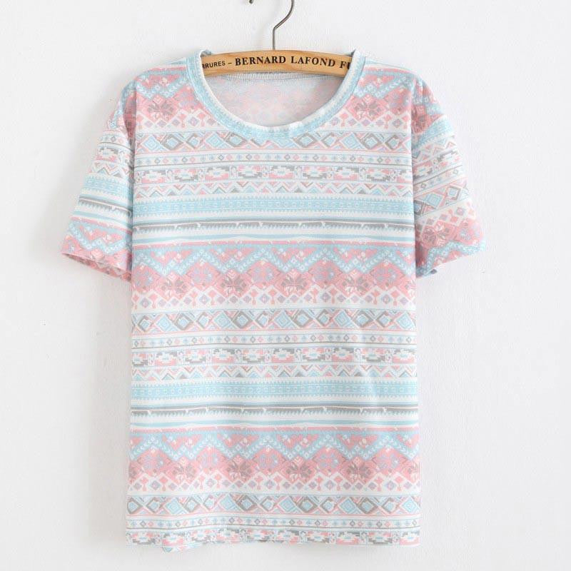 Women T Shirt Loose Women Retro Printed Short-sleeved T-shirt National style tops Tees
