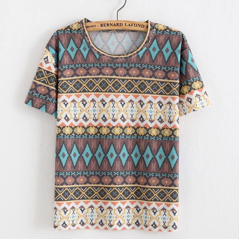 Women T Shirt Loose Women Retro Printed Short-sleeved T-shirt National style tops Tees