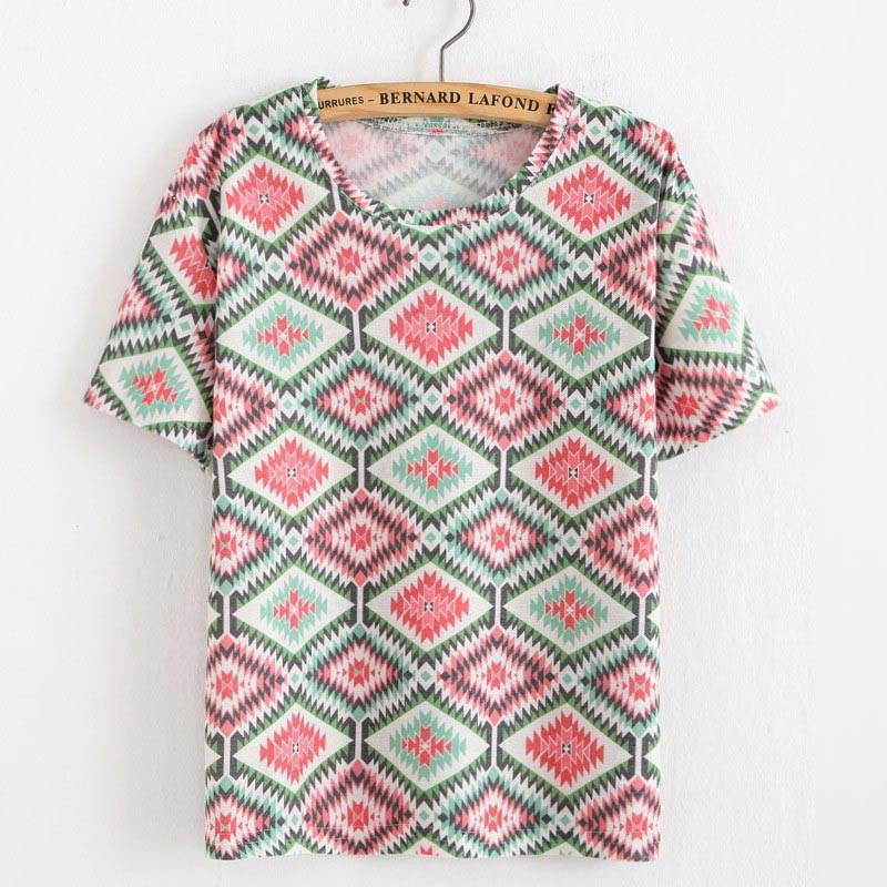 Women T Shirt Loose Women Retro Printed Short-sleeved T-shirt National style tops Tees