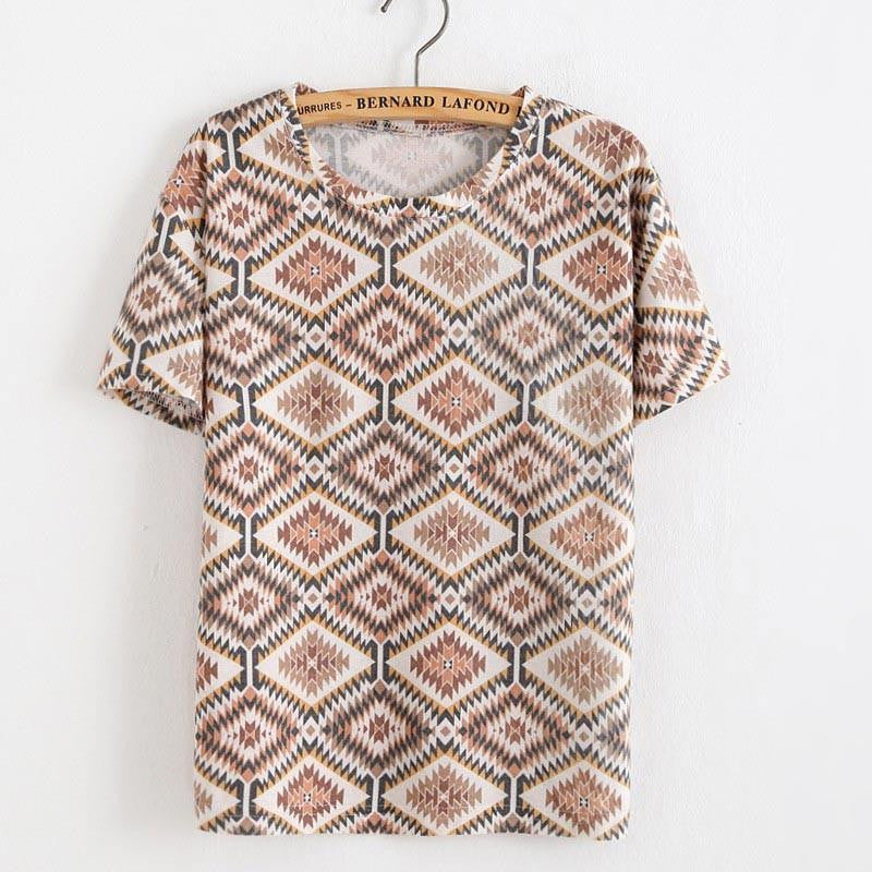 Women T Shirt Loose Women Retro Printed Short-sleeved T-shirt National style tops Tees