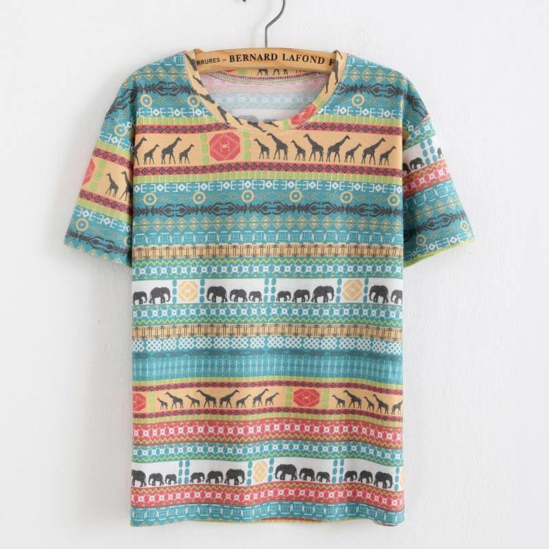 Women T Shirt Loose Women Retro Printed Short-sleeved T-shirt National style tops Tees