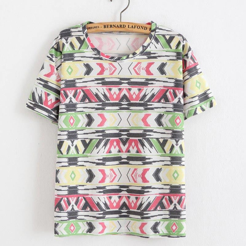 Women T Shirt Loose Women Retro Printed Short-sleeved T-shirt National style tops Tees