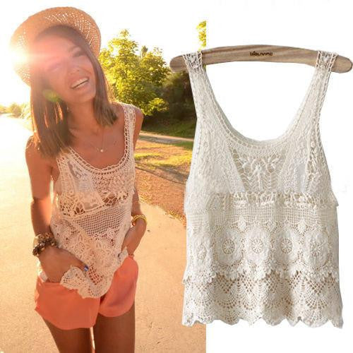 Women Lace Vest Hippie Bohemian Vintage Chic Crochet Lace Beige Tank Vest Top