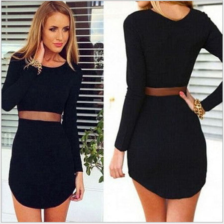 Online discount shop Australia - female long sleeve o-neck dress / Women solid color Slim above knee Mini dress
