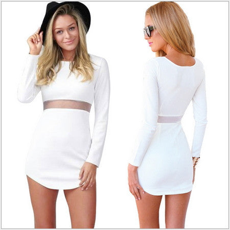 Online discount shop Australia - female long sleeve o-neck dress / Women solid color Slim above knee Mini dress