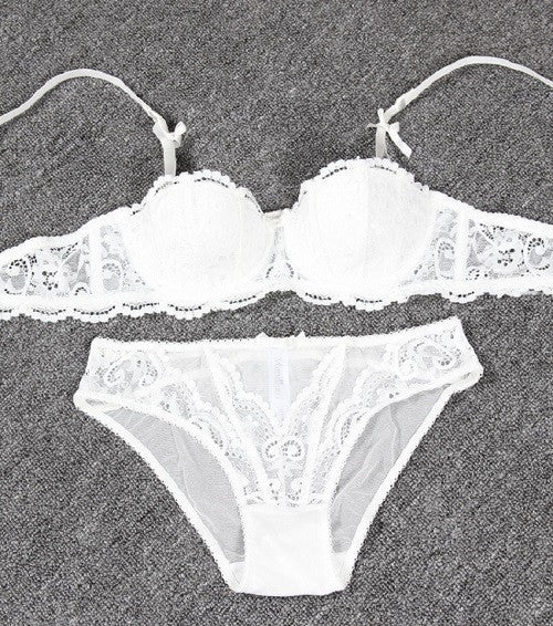 Underwear Women Bra Set Deep half cup Plus Size Lingerie Transparent Lace Bra And Panty Set Push Up Lace Brassiere bs350