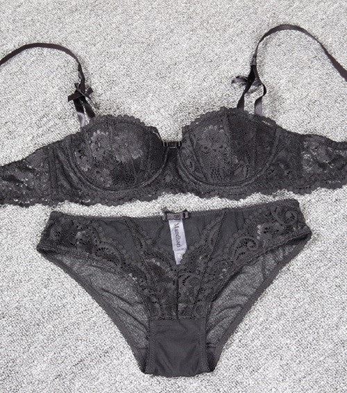 Underwear Women Bra Set Deep half cup Plus Size Lingerie Transparent Lace Bra And Panty Set Push Up Lace Brassiere bs350