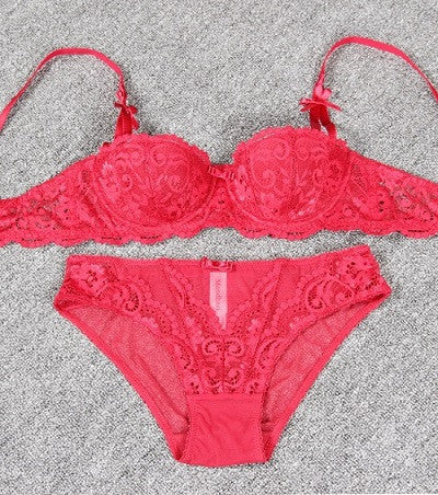 Underwear Women Bra Set Deep half cup Plus Size Lingerie Transparent Lace Bra And Panty Set Push Up Lace Brassiere bs350