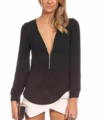 Women's Fashion Casual V Neck Long Sleeve Zipper Tops Chiffon Blouses smt102