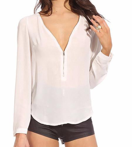 Women's Fashion Casual V Neck Long Sleeve Zipper Tops Chiffon Blouses smt102