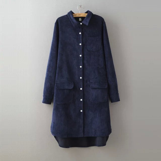 Women Long Blouse Solid Loose Corduroy Long Sleeve All Match Shirt Dress
