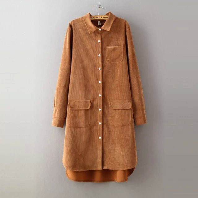 Women Long Blouse Solid Loose Corduroy Long Sleeve All Match Shirt Dress