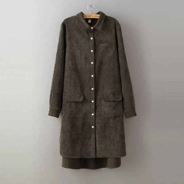 Women Long Blouse Solid Loose Corduroy Long Sleeve All Match Shirt Dress
