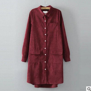 Women Long Blouse Solid Loose Corduroy Long Sleeve All Match Shirt Dress