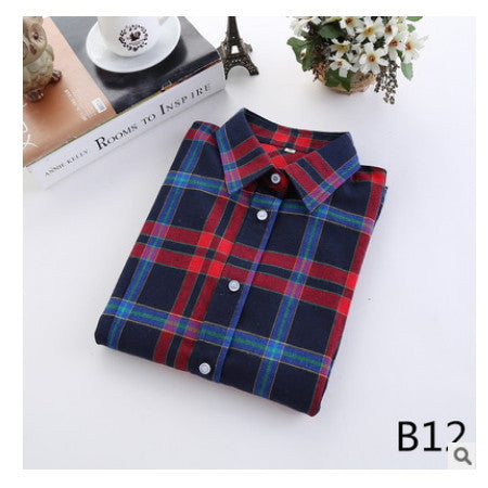 Online discount shop Australia - female new fashion long sleeve college style casual plaid shirts / women's pure cotton large yard slim sanded shirt