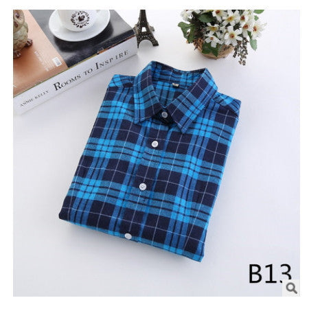 Online discount shop Australia - female new fashion long sleeve college style casual plaid shirts / women's pure cotton large yard slim sanded shirt