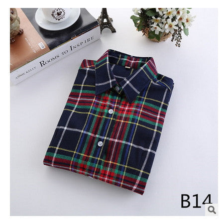 Online discount shop Australia - female new fashion long sleeve college style casual plaid shirts / women's pure cotton large yard slim sanded shirt