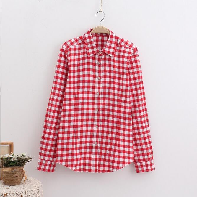 Online discount shop Australia - female new fashion long sleeve college style casual plaid shirts / women's pure cotton large yard slim sanded shirt