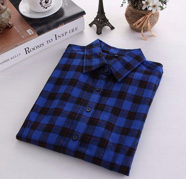 Online discount shop Australia - female new fashion long sleeve college style casual plaid shirts / women's pure cotton large yard slim sanded shirt